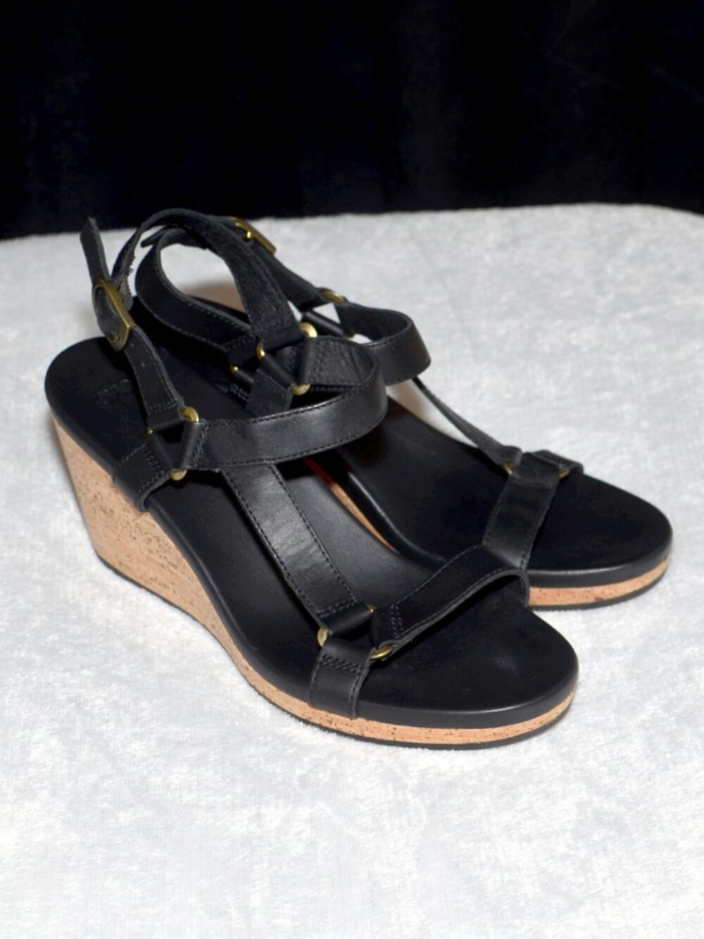Women's 9 Teva Arrabelle Black Leather Strappy Cork Espadrille Wedge Sandals
